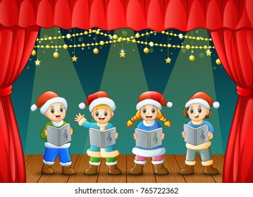 Vector illustration of Cartoon children singing christmas carols on the stage