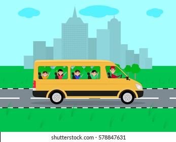 Vector illustration of cartoon children traveling by bus on holiday, vacation, travel. Minibus with kids and driver. Children in minibus go to nature to rest. Side view, flat style.