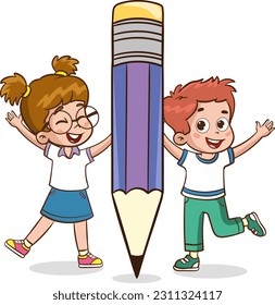 Vector illustration of Cartoon childrens holding a pencil