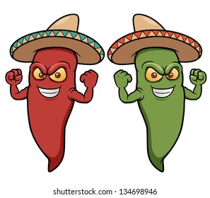 Vector illustration of cartoon chili peppers wearing sombreros