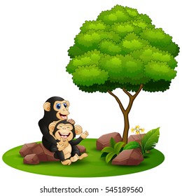 Vector illustration of Cartoon chimpanzee mother hug her baby chimp under a tree on a white background