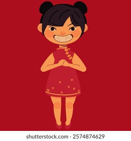 Vector illustration of Cartoon Chinese Kids.Chinese wording meanings: Happy New Year