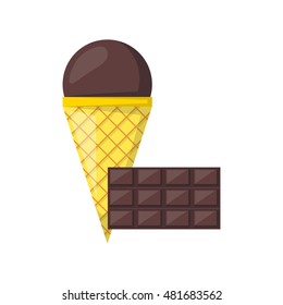 Vector illustration with cartoon chocolate ice cream ball in cone. Cartoon ice cream flavour. Summer sweet dessert. Vector cartoon icon. Sweet ball.
