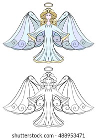 Vector illustration of cartoon christmas angels. Adult coloring book. Hand-drawn black contour and multicolored isolated girls. Eps 8.