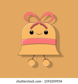 vector illustration of a cartoon Christmas bell with yellow highlights and shadows with a pink ribbon and a bow on an orange background