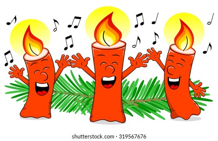 vector illustration of cartoon Christmas candles singing a Christmas carol