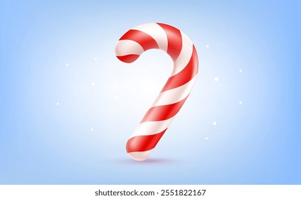 Vector illustration of cartoon christmas candy cane on blue background with snow. 3d realistic style design of red and white striped candy cane. Winter food sweet gift for Merry Christmas banner, card