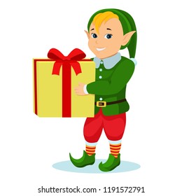 Vector illustration of a cartoon christmas elf with a gift. Isolated white background. Boy elf in a green suit with a yellow gift box. Flat style.