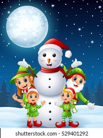 Vector illustration of Cartoon christmas elves with snowman in the winter night background