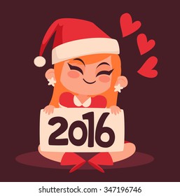Vector illustration of a cartoon christmas girl holding a 2016 new year sign. There are hearts in the background.