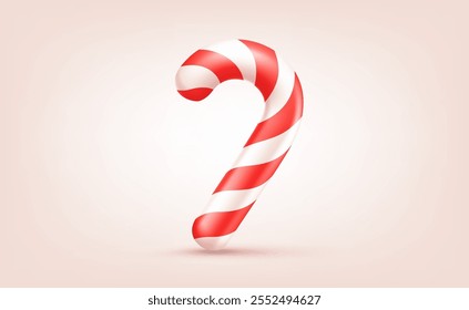 Vector illustration of cartoon christmas red and white striped candy cane on light background. 3d style design of candy cane. Winter food sweet gift for Merry Christmas and Happy New Year banner