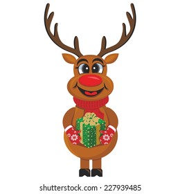 Vector illustration of cartoon christmas reindeer with gift