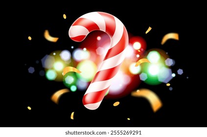 Vector illustration of cartoon christmas striped candy cane. 3d style realistic design of candy cane on black background with light bokeh and golden confetti. Winter sweet gift for Merry Christmas