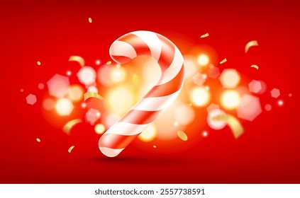 Vector illustration of cartoon christmas striped candy cane on red background. 3d style realistic design of candy cane with golden confetti and light bokeh. Winter sweet gift for Merry Christmas card