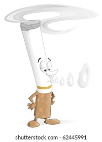 Vector Illustration Of Cartoon Cigarette Character Blowing Smoke Rings