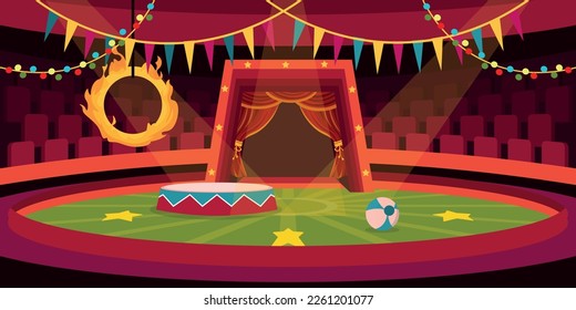 Ilustración vectorial de una pista de circo de dibujos animados con un escenario y un anillo de circo, una bola bajo una cúpula de carpa con asientos, guirnaldas. Salón dentro de una carpa de circo. Carnaval y espectáculos de circo.