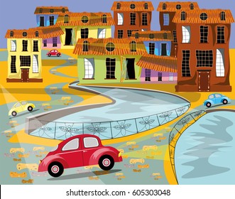 vector illustration with a cartoon city, river, houses and cars
