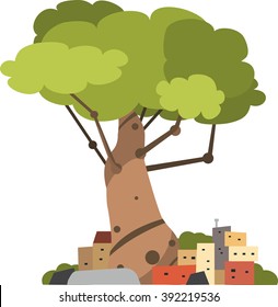 Vector illustration of a cartoon city under the technological tree.