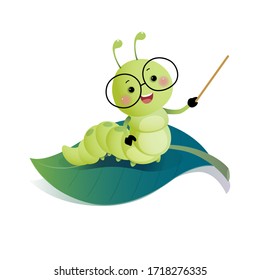 Vector illustration cartoon clever caterpillar teacher wearing glasses and holding pointer