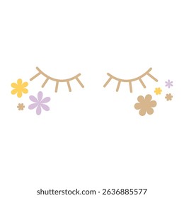 Vector illustration of cartoon closed eyes with long eyelashes surrounded by small flowers in soft pastel tones. For decorating a children's room or unusual design projects.