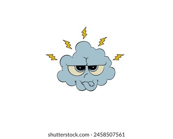 Vector illustration of a cartoon cloud with an angry face and sparkling lightning bolts