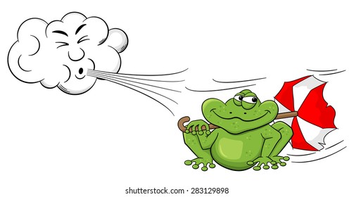 vector illustration of a cartoon cloud blowing wind on a frog with umbrella