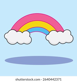 Vector illustration of cartoon clouds and rainbow on blue background