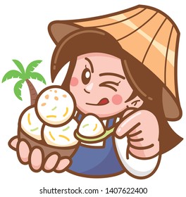 Vector illustration of Cartoon Coconut Ice cream seller presenting food