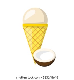 Vector illustration with cartoon coconut ice cream ball in cone. Cartoon ice cream flavour. Summer sweet dessert. Vector cartoon icon. Sweet brown ball.