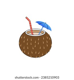 Vector illustration of a cartoon coconut with a straw and an umbrella