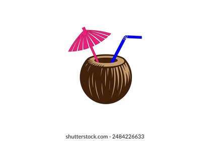 Vector illustration of a cartoon coconut with a straw and an umbrella	