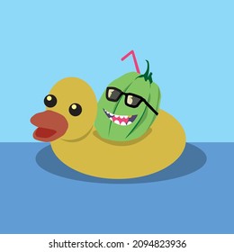 Vector illustration cartoon of coconut and yellow rubber duck vacation at the beach, holiday flat design art
