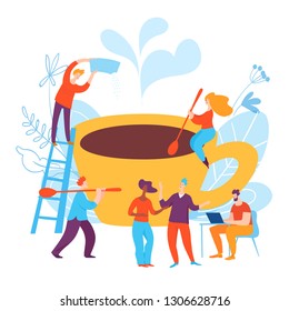 Vector illustration with cartoon coffee creating process. With business people taking conversation 