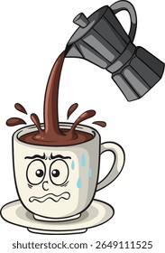 Vector illustration of a cartoon coffee cup with a worried expression, overflowing with coffee from a moka pot