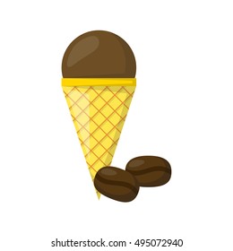 Vector illustration with cartoon coffee ice cream ball in cone. Cartoon ice cream flavour. Summer sweet dessert. Vector cartoon icon. Sweet brown ball.