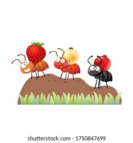 Vector illustration of a cartoon colony of ants carrying berries and walking on the pile of soil to the nest.