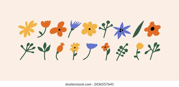 Vector illustration cartoon colorful flowers branches. Groovy stickers for print or social media