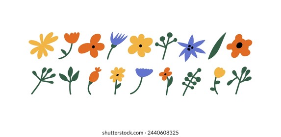 Vector illustration cartoon colorful flowers branches. Groovy stickers for print or social media