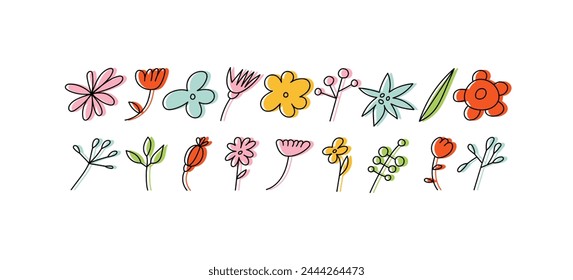 Vector illustration cartoon colorful flowers branches. Groovy stickers for print or social media