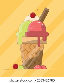 Vector illustration of cartoon colorful ice cream waffle cup with scoops of pink, neon green and white ice cream decorated with waffle cone and cherry on top. Isolated on striped yellow background