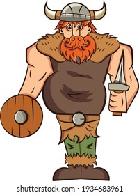Ilustración vectorial de la historieta de dibujos animados viking, bárbaro. Cabeza roja, guerrero barbudo con escudo y espada. Mascota divertida, imagen de clip de personaje