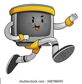 Vector illustration of a cartoon computer wearing sports clothing and running.