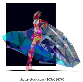 Vector illustration of a cartoon concept car and robot android from a colored geometric polygonal transparent abstract pattern on a black and white isolate background