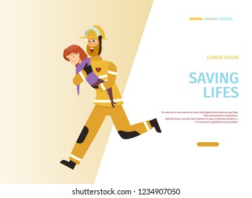 Vector Illustration Cartoon Concept Firefighter. Banner image Saving Lifes. Fireman Run with a Woman in his arms. Hero saved young Woman from Burning House. Fire rescue Department.