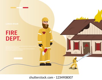 Vector Illustration Cartoon Concept Firefighter. Banner image Fire Dept. Smiling Fireman in Uniform with an Axe in his hand. Firefighter fights Fire engulfing House with Hose. Fire rescue Department.