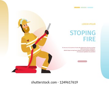 Vector Illustration Cartoon Concept Firefighter. Banner image Stoping Fire. Uniform Firefighter uses Water Hose to Extinguish Fire. Firefighter Support Tools for Work. Fire Rescue Department.