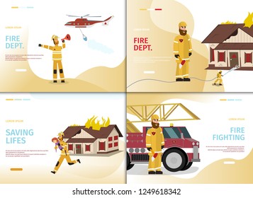 Vector Illustration Cartoon Concept Firefighter. Banner Set image Fire Dept, Saving Lifes, Fire Fighting. Fireman saving lifes Woman. Fireman speaks into Shout. Rescue Helicopter. Fire truck