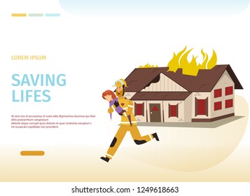 Vector Illustration Cartoon Concept Firefighter. Banner image Saving Lifes. Fireman Run with a Woman in his arms. Hero saved young Woman from Burning House. Fire rescue Department.
