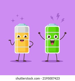 Vector illustration of a cartoon concept in the form of a cute battery icon with a decreasing level of battery energy. Use flat design style.