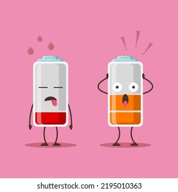 Vector illustration of a cartoon concept in the form of a cute battery icon with a decreasing level of battery energy. Use flat design style.